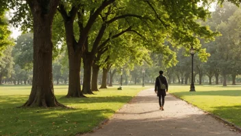 Et fredelig bilde av en person som går sakte i en park