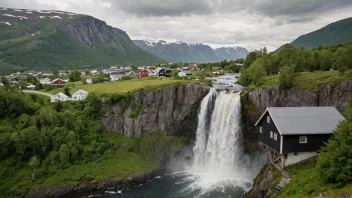 En vakker foss i et fredelig norsk landskap.