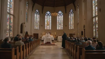 En fredelig og åndelig scene av en kirkeinteriør under en liturgisk gudstjeneste.