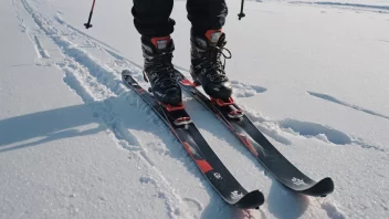 Et par langrennsski og skisko på en snødekt bakke, med et uskarpt bakgrunnsbilde av snødekte trær