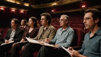 En gruppe kritikere i en teater, engasjert i diskusjon og notat-taking.