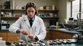 En geolog som undersøker et mineralprøve i et laboratorium.