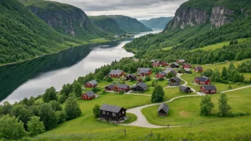 Et idyllisk bilde av Ogndals landsby i Norge, som viser dens naturlige omgivelser og tradisjonelle arkitektur.