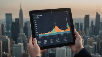 En person som analyserer finansielle data på en tablet, med en bysilhuett i bakgrunnen.