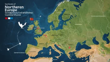 Et kart over Nord-Europa med skandinaviske land høydepunkter, omgitt av kulturelle symboler og landemerker