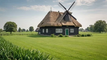 Et typisk frisisk landskap med et tradisjonelt hus og en vindmølle.