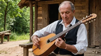 En folkemusiker spiller på en klava i en tradisjonell setting.