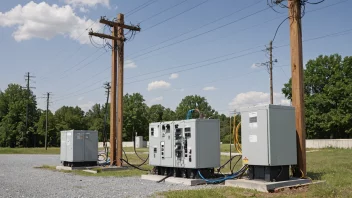 Et trefase elektrisk system med tre ledninger og en transformator i bakgrunnen.