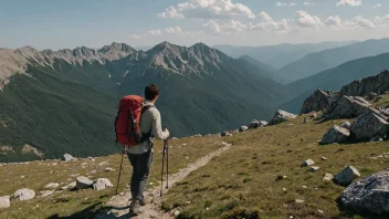 En tur gående i fjellet med ryggsekk og vandrestav.