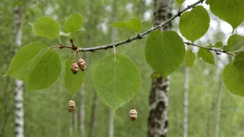 Bjerkefrø på en kvist med grønne blader i bakgrunnen.