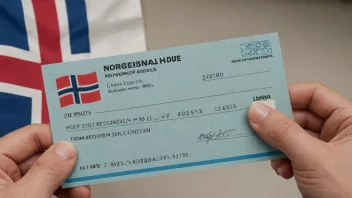 En person som holder en lønnsslip med et norsk flagg i bakgrunnen.