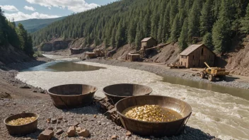 Et idyllisk landskap med en elv som renner gjennom det, og en gullgruve i bakgrunnen, som symboliserer tilstedeværelsen av gullforekomster.