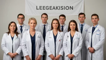 En gruppe leger og sykepleiere i hvite frakker, som står sammen med et banner som leser 'Legeaksjon' på norsk.