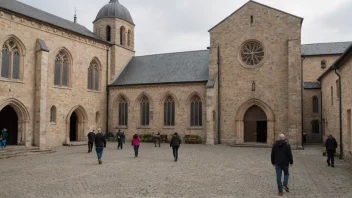 En liten kirke som er knyttet til en større kirke, med en delt gårdsplass.