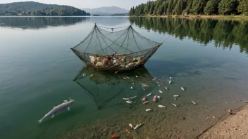 Et fiskenot med fisk fanget i det, i en fredelig innsjøsetting