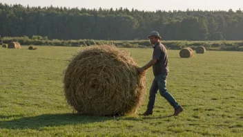 En bonde samler høy i en åker under fôrhøsten, med en traktor og en tilhenger i bakgrunnen.