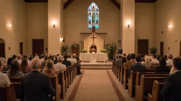 En fredelig kveldsgudstjeneste i en kirke med en prest som taler ved alteret, omgitt av en varm og invitende atmosfære.