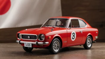 En klassisk Datsun-modell med en japansk flagg i bakgrunnen.