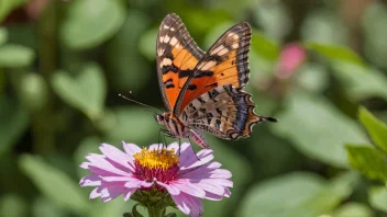 En vakker butterfly som sitter på en blomst, med en hage i bakgrunnen.