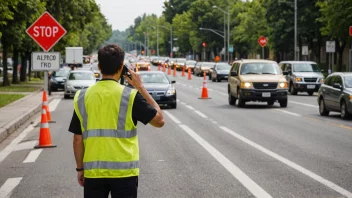 En trafikkassistent dirigerer trafikken på en travel vei.