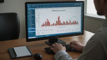 En person som analyserer data på en dataskjerm med en graf som viser en økende trend i bakgrunnen.