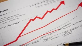 En graf som viser en betydelig nedgang i salgsinntekter, med en rød pil som peker nedover, omgitt av finansielle rapporter og markedsanalyser.