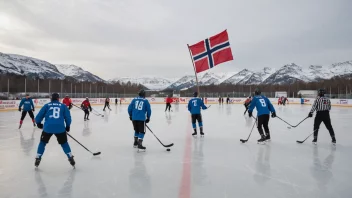 Mennesker som spiller bandy på en utendørs isbane.