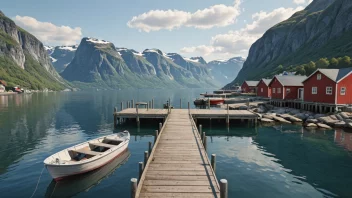 En brygge eller en pir med båter fortøyet, med en naturskjønn bakgrunn av en norsk fjord.