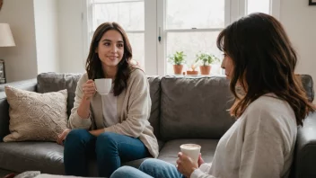 En person som besøker en venns hjem, sitter på sofaen med en kopp kaffe