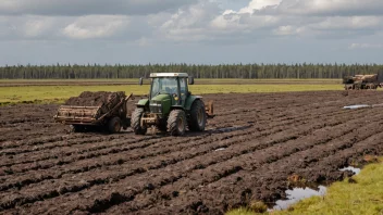 Et torvmyr med en traktor som høster torv, med en fabrikk i bakgrunnen.