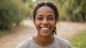 En person med et stort smil på ansiktet, ser glad og lykkelig ut.