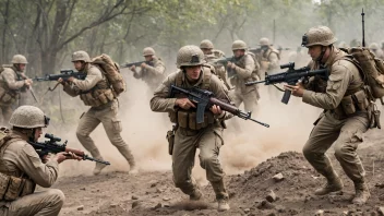 Infanterisoldater i aksjon, med en blanding av moderne og historiske elementer.