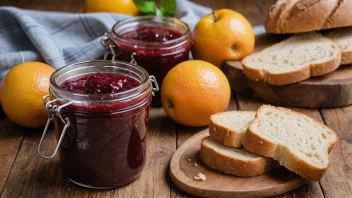 En hjemmelaget syltetøy på et trebord med fersk frukt og en skive brød i nærheten