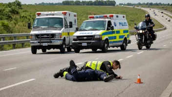 En motorsykkelulykke på en motorvei med politi og ambulanse til stede