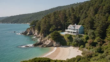 En vakker strandeiendom med en privat strand og et hus i bakgrunnen.