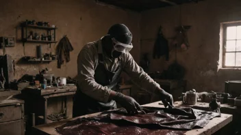 En person i en verksted, omgitt av dyreskinn, med ulike verktøy og maskiner i bakgrunnen.