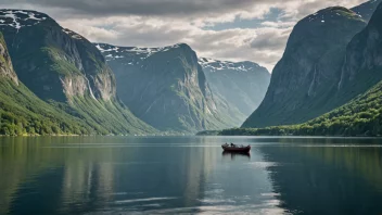 Et fredelig norsk fjord med en liten fiskebåt