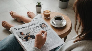 En person sitter komfortabelt med et magasin i hånden, leser en artikkel med en kopp kaffe i nærheten.