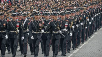 En stor militærparade med soldater som marsjerer i formasjon, stolte av å bære det norske flagget.