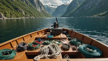 En fiskebåt med ulike fiskeutstyr og -utstyr, med en naturskjønn bakgrunn av en norsk fjord.