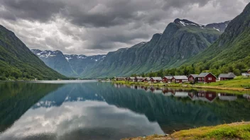 Et pittoreskt landsby i Norge med tradisjonelle hus og en storslagen natur.