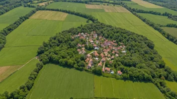 Et befolket landsby med hus og bygninger omgitt av natur