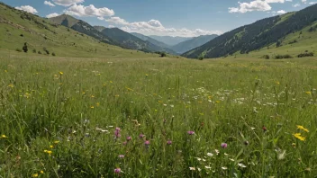 Et fredelig og idyllisk landskap av en eng med ville blomster og gress, omgitt av fjell eller åser.