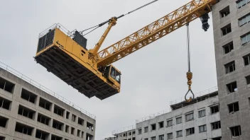 En enorm kjempekran løfter tung last på en travel byggeplass, med arbeidere i hjelmer og vester som ser på.