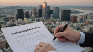 En person som signerer en taushetsavtale, med en bysilhuett i bakgrunnen, som symboliserer viktigheten av taushetsavtaler i profesjonelle sammenhenger.