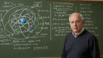 En ekspert i atomfysikk, omgitt av ligninger og diagrammer av atomstrukturer.