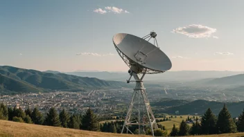 Et bilde av et senderanlegg, eller en sendermast, i et landlig område med en by i bakgrunnen