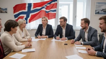 En gruppe mennesker som diskuterer og ler sammen, med et norsk flagg i bakgrunnen.