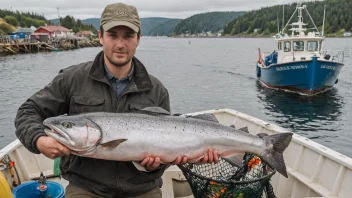 En lakseprodusent i en fiskebåt, holder en nylig fanget laks.