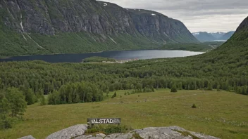 Et idyllisk norsk landskap med en hint av navnet 'Alstads' eller 'Alstad'.